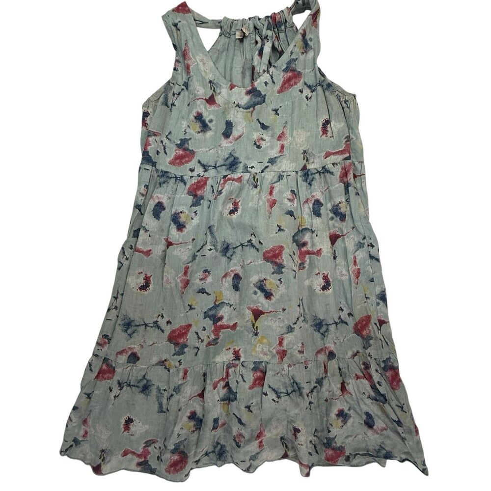 Bellambra Linen Sun Dress Women Large Blue Floral Neck Tie Made in Italy